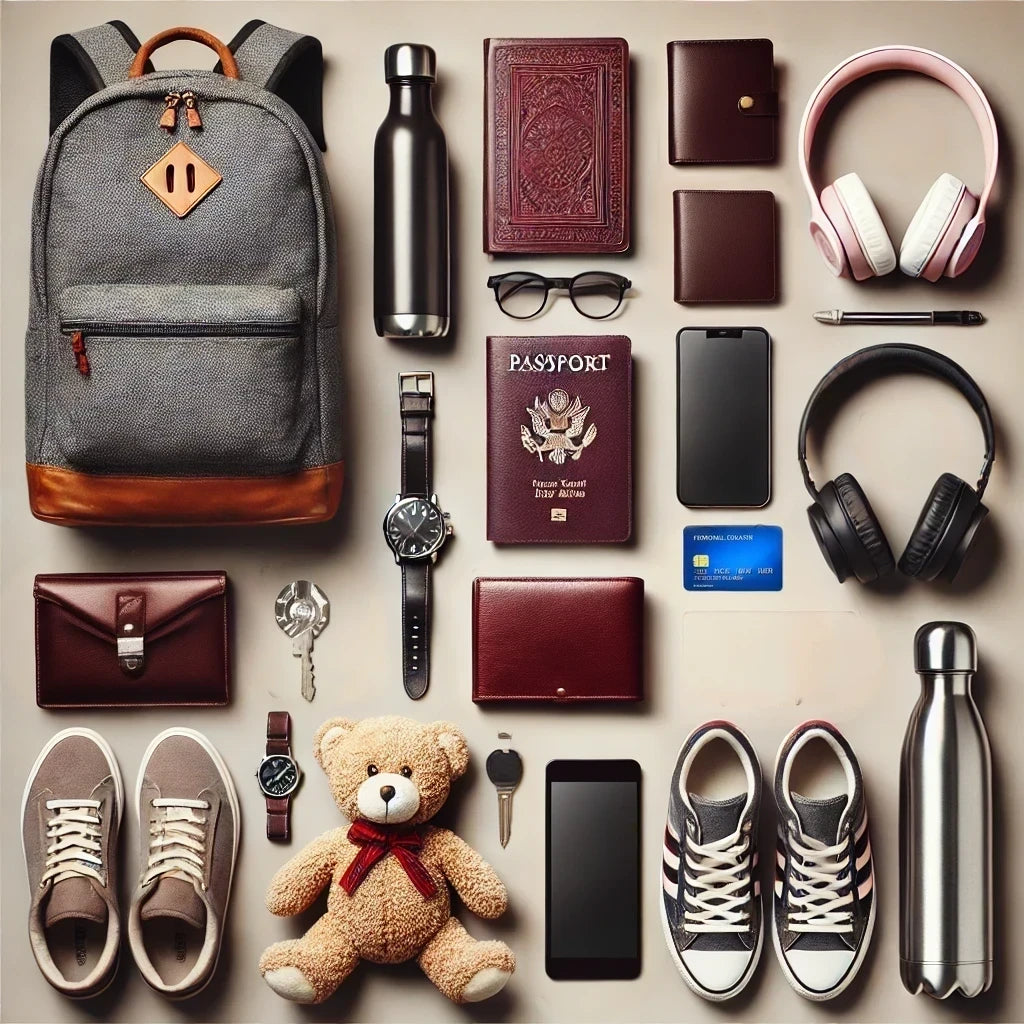 A collection of everyday items, including a water bottle, watch, passport, wallet, teddy bear, cellphone, keys, headphones, credit card, and clothing, showcasing how LostIt Tags can protect various personal belongings with secure QR code technology.