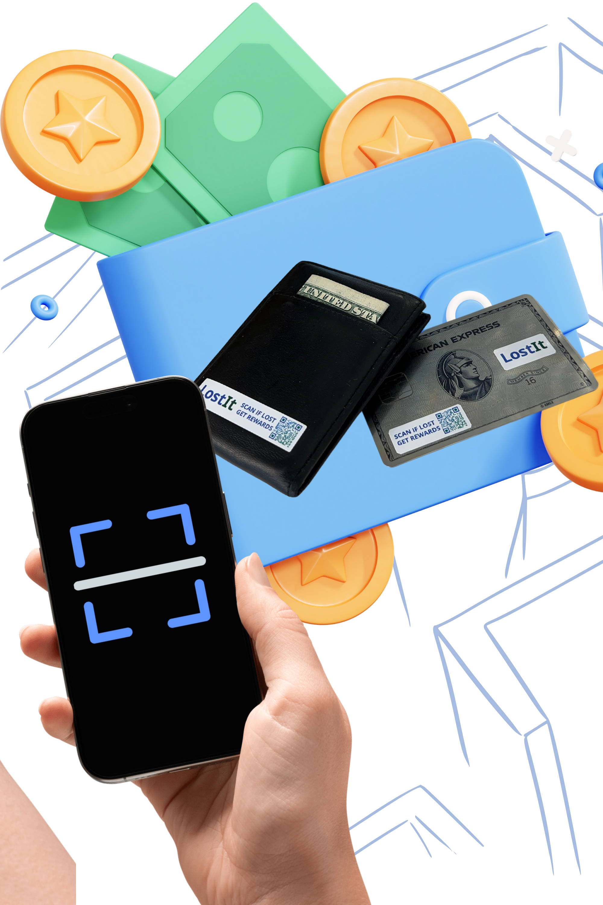 LostIt Tag's QR code tags attached to a wallet, emphasizing secure, anonymous communication and a reward-based system for retrieving lost items like wallets and other personal belongings.