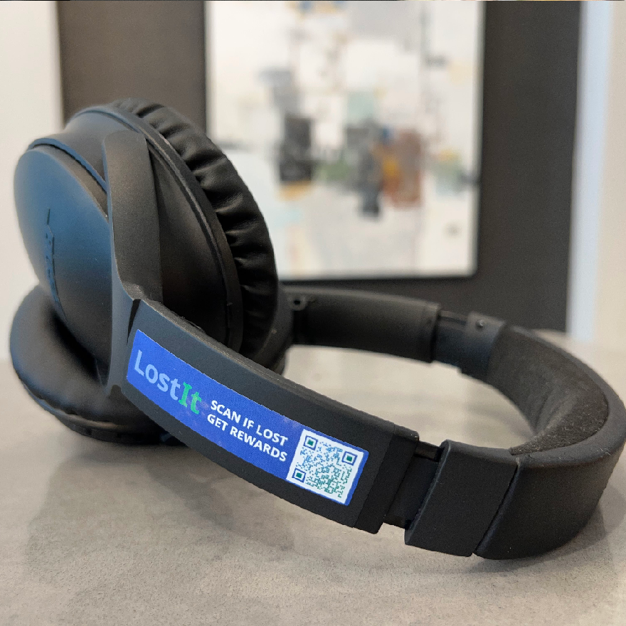 LostIt Tag stickers can be applied to any flat surface of personal items including headphones and earbuds