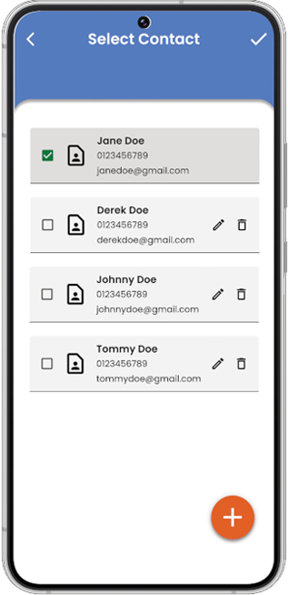 The LostIt Tag mobile application shows the contact details screen. The contact information is auto-populated with user details, and you can choose another contact.