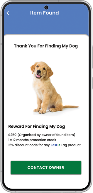 Finders of LostIt Tags are incentivized to return lost items to item owners. Rewards for returning lost items are displayed to finders after scanning a LostIt tag QR code, with the option to contact the owner anonymously.