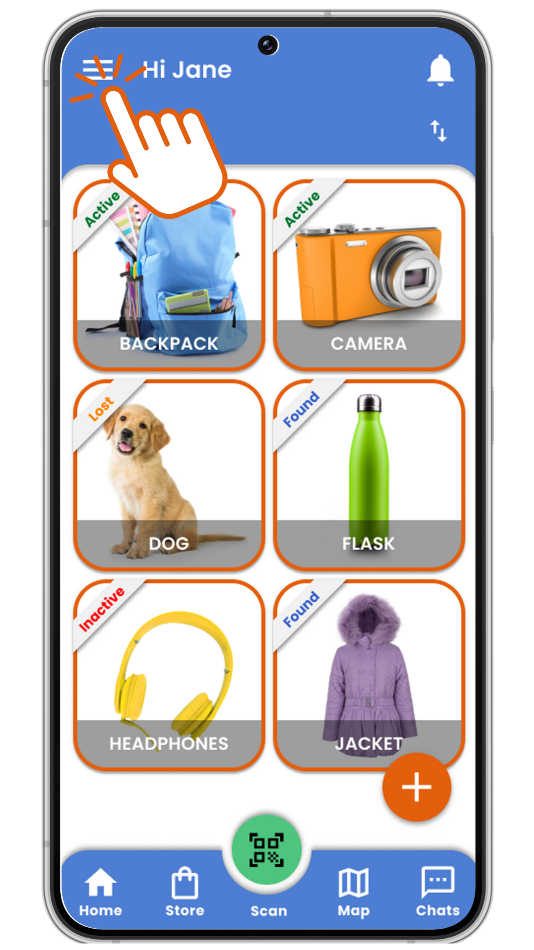 Open the main menu from the LostIt Tag Lost and Found App Home page