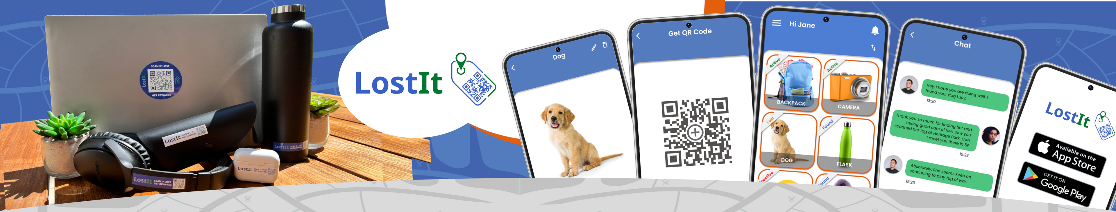 Banner image for LostIt Tag featuring the company's logo and an array of personal items, including a laptop, a water bottle, earphones, and a sunglasses case, each with a LostIt Tag QR code smart sticker attached. The image also displays four mobile app screenshots illustrating the app's functionality such as generating a QR code, a chat interface for anonymous communication between item finder and owner, and the app's availability on Google Play and the App Store. 