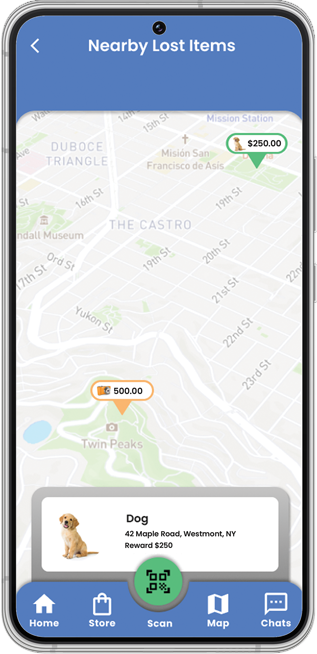 The LostIt Tag mobile application shows nearby lost items. Users can earn rewards by finding and returning lost items through this feature.