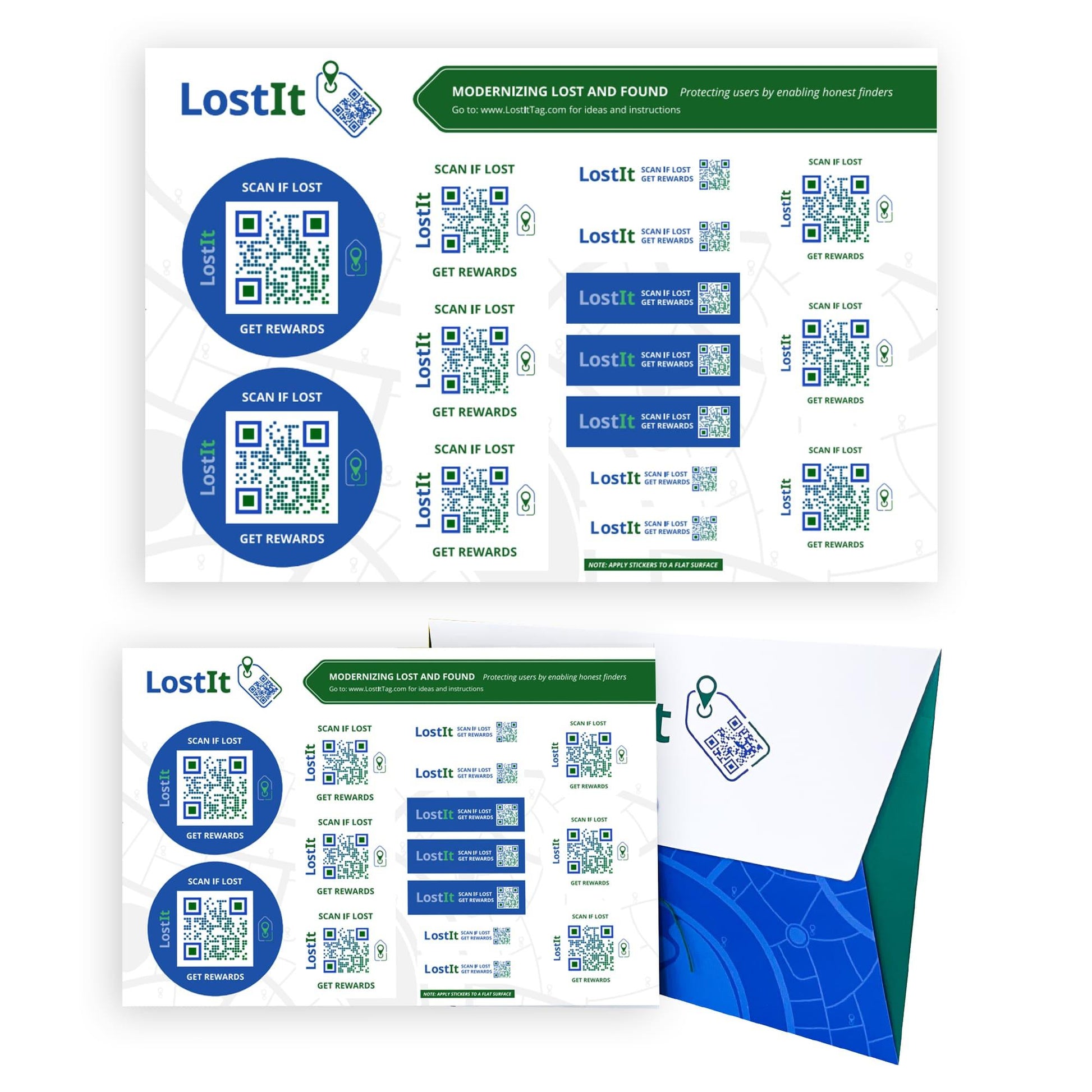 Variety water and weatherproof adhesive QR code label stickers and name tags for lost and found.
