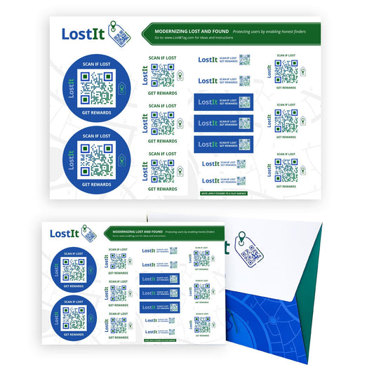 Variety water and weatherproof adhesive QR code label stickers and name tags for lost and found.
